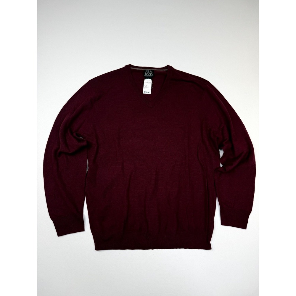 Jos. A. Bank‎ Sweater Mens XL Maroon Tight Knit Merino Wool Ribbed V Neck Winter